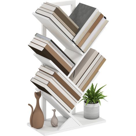 Libreria ad albero a 5 ripiani con sistema anti-ribaltamento, ideale per soggiorno o camera da letto, 50 x 24 x 82 cm, bianca. (1/5)