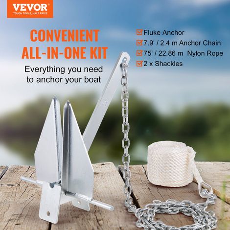 Ancre Plate 4 kg, Kit d'Ancrage en Acier Galvanisé à Chaud avec Chaîne 2,4 m, Corde 22,86 m et 2 Manilles, Ancre de Bateau Marin po… (1/5)