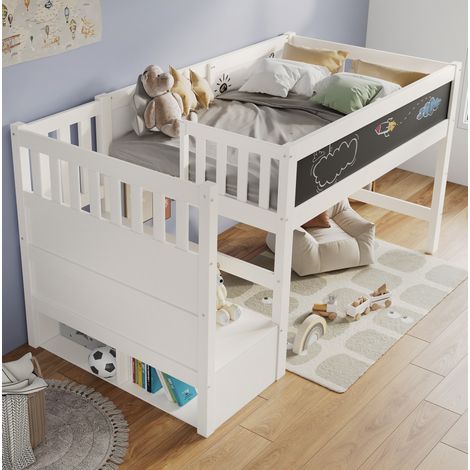 Kinder-Hochbett modern 90x200 cm Weiß aus Massivholz und MDF mit Treppenschrank, Tafel und Lattenrost (1/5)