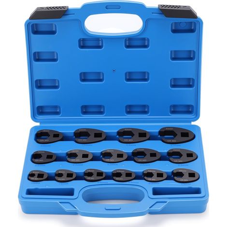 15 PCS Crowfoot Ensemble de Clés, Ensemble de Clé à Fourche à Emmancher 1/2" 3/8", Entraînement Extérieur Carré Clé, 8-24mm Drive Métrique Coffret de Douilles à Tuyauter, Clé à Écrou Évasé (1/5)