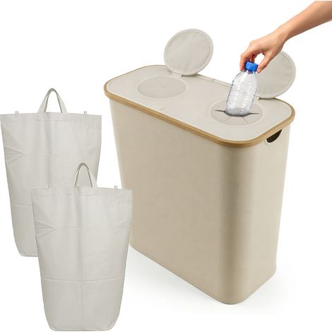 Relaxdays Récipient de collecte des bouteilles, 140 L, jusqu'à 60 bouteilles, 2 sacs amovibles, beige
