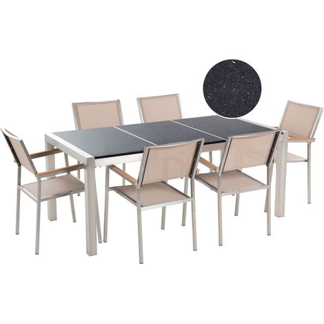 Conjunto de comedor de jardín beige con mesa 180 x 90 cm de granito negro 6 sillas Grosseto (1/5)