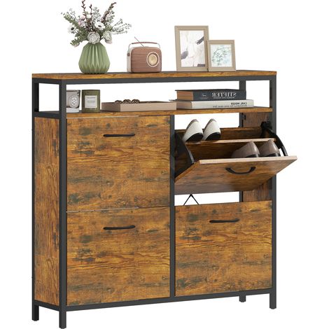 Armoire à chaussures, étagère ouverte, design étroit, acier, marron, pour 12 à 20 paires de chaussures avec 4 tiroirs pliants (1/5)