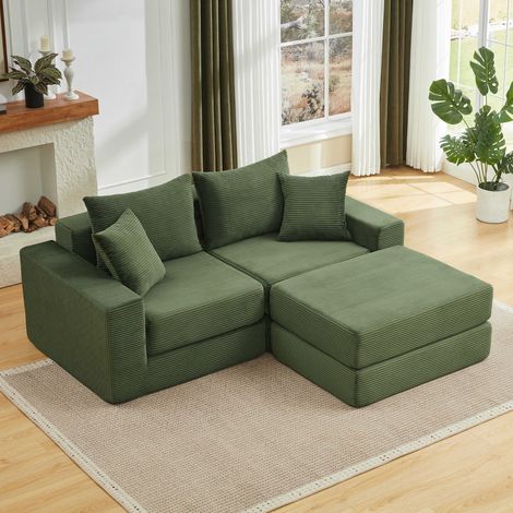Canapé modulable 3 places 259,5 x 96 x 80 cm - Tissu côtelé vert - Convertible (1/5)