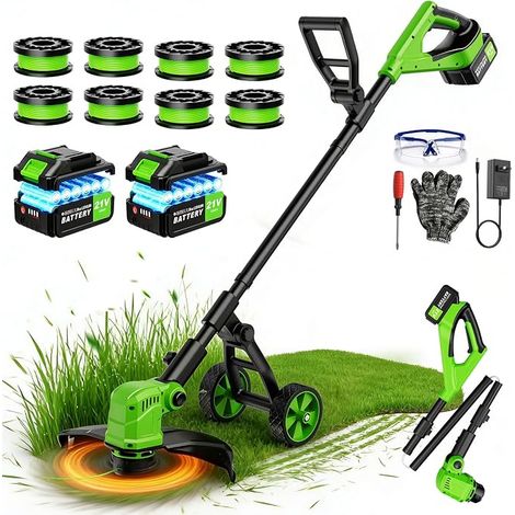 Cordless Electric Brushcutter 36 cm, 2 x 3.0 Ah Battery, 800 W Brushless Motor, 21 V Battery Brushcutter with Wheel and 8 Replacement Coils for Garden and Lawns (1/5)