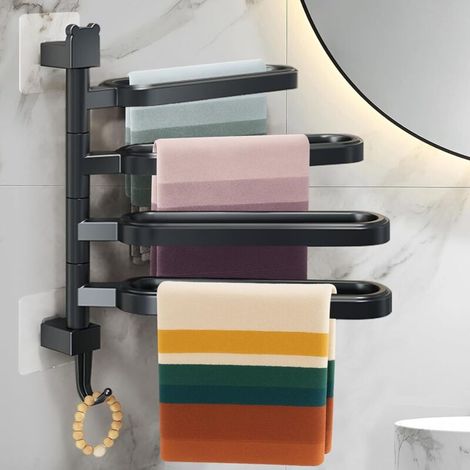 Porte-serviettes pivotant, ABS autocollant avec crochets, pour salle de bain et cuisine, quatre bras, noir (1/5)