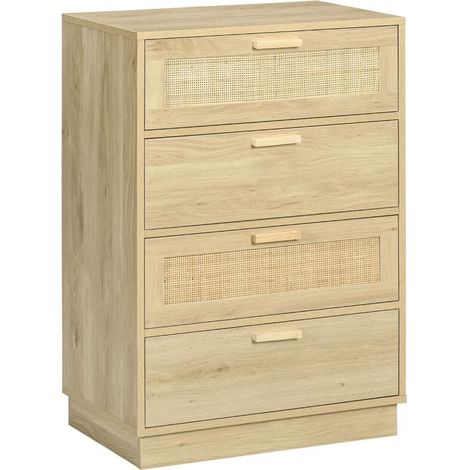 Commode design bohème en rotin avec 4 tiroirs, meuble de rangement pour le salon, le couloir, l'entrée, bois naturel