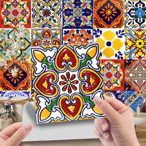 Autocollants pour carreaux mexicains, lot de 24 pièces, design marocain, décoration pour carrelage de salle de bain et cuisine, pour douche et escaliers de cuisine (1/5)