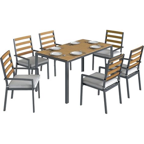 Set da giardino da 7 pezzi in legno naturale, composto da un tavolo e sei sedie con cuscini. Ideale per arredare la terrazza