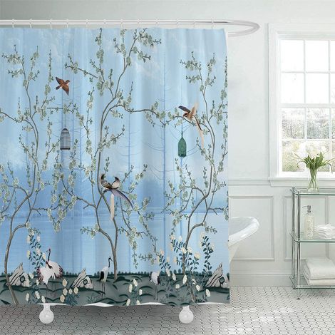 180 x 180 cm Duschvorhang mit Blumen- und Vogelmotiv, Aquarell-Blumenmuster in Pastellfarben, wasserdichtes Polyestergewebe für Badezimmer, inklusive 12 Haken