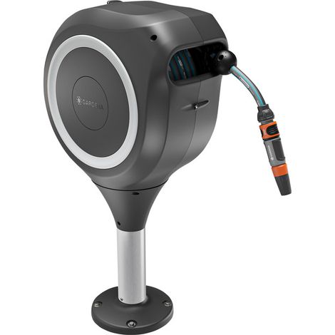 GARDENA Portamangueras automático de suelo para terraza M con 20 m de manguera, blanco, enrollador de manguera gira 360º, protegido anti heladas y rayos UV, con tecnología Rollcontrol (18617-20)