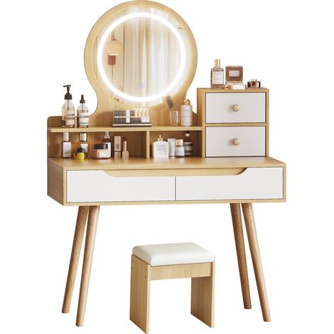 Coiffeuse avec miroir et LED réglable, tabouret rembourré, grand plan de travail, 2 grands tiroirs et rangements, idéale pour petite chambre, bois clair  CHICFURN (1/5)