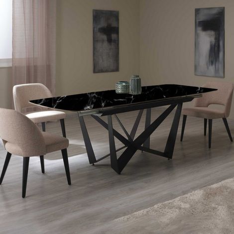 Tavolo da pranzo marmorizzato fisso, gambe incrociate nere L. 160x90 - Xilo