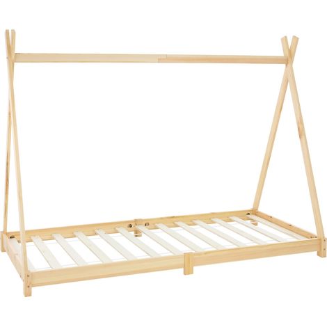 ML-Design Letto Montessori Tipi per Bambini 90 x 200 cm Naturale, in Legno di Pino Massiccio, con Rete a Doghe, Lettino Basso a Forma di Tenda Indiana, Giroletto Singolo a Capanna per Cameretta