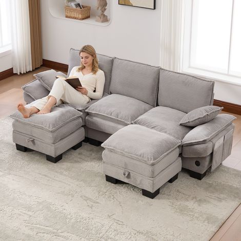 Canapé modulaire 3 places avec 2 tabourets en velours côtelé,siège large,mousse haute densité,port USB-C et poches latérales,gris clair. (1/5)