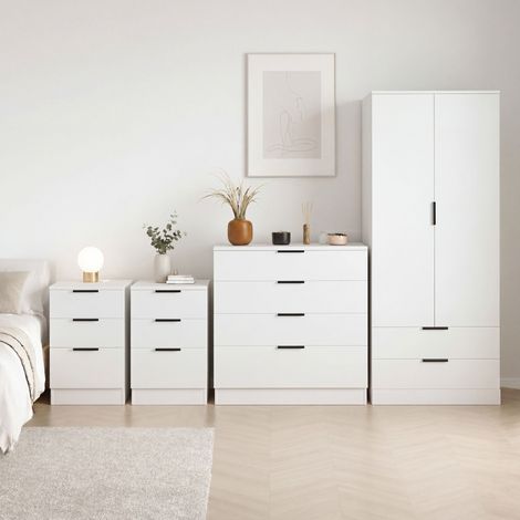 Trega 4pc Bedroom Furniture Set – 2x 3 Drawer Bedside, 4 Drawer Chest & 2 Door Wardrobe, White