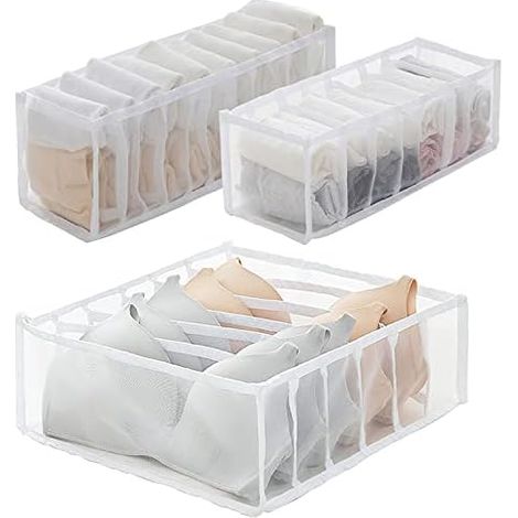 Organisateur de tiroir - Sous-vêtements - 3 pièces pliables avec compartiments mailles - pour soutiens-gorge chaussettes cravates - 6+7+11 poches (1/4)