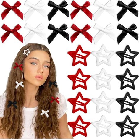 Set mit 24 Haarspangen in Schleifenform, 3 Farben: roter Stern, schwarzer Satin, Mini-Schleifen, weißer Stern, Haarspangen, Haaraccessoires im Stil der 2000er Jahre für Frauen und Mädchen.