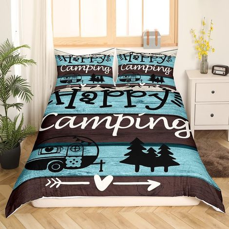 Parure de lit de camping-car Happy Camping Wild Adventure Parure de lit en microfibre super douce pour filles/garçons, style ferme en bois de grange Housse de Couette Bleu marron, 220x240cm - 220x240c (1/5)