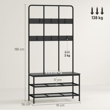 Porte-manteau mural 3 en 1 avec crochets, banc de rangement, étagère à chaussures, structure en métal et panneaux de particules, finition noire (1/5)