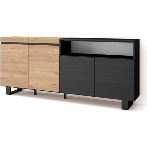 Aparador Adamuz de 200x87x35 cm con 4 puertas, diseño industrial, color roble y negro (1/4)