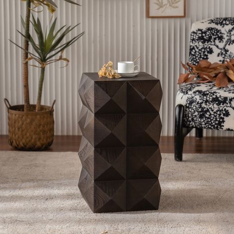 Table chevet design 60cm bois marron, motif tridimensionnel, prête à poser, look rétro années 70 (1/5)