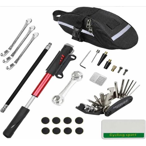 Kit de réparation de chambre à air de vélo, comprenant : rustine, pompe, film de réparation, colle et outils. (1/5)