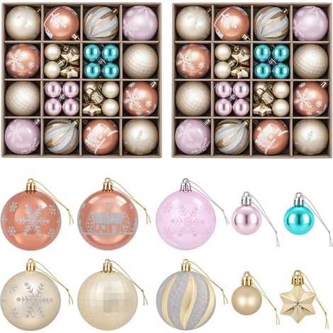 Boules de Noël Décoration Sapin Plastique Résistant Rose Doré Marron Turquoise Lot 88 Pièces (1/5)