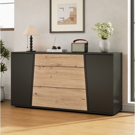 MODFU – Buffet 140x35x70 cm in MDF nero/legno con 2 ante, 3 cassetti, ripiani regolabili e chiusura ammortizzata – Nero/legno (1/5)