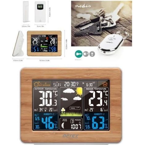 Station météo BOIS Int et ext capteur météo sans fil ext Prév météorologiques Écran LCD couleur Heure + Réveil +Porte clé siffleur (1/4)