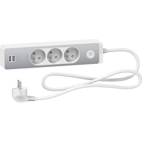 Schneider Electric – Bloc multiprise 3 prises 2P+T avec 2 ports USB 2,4A – Câble 1,5m – Interrupteur lumineux – Polypropylène blanc (1/3)