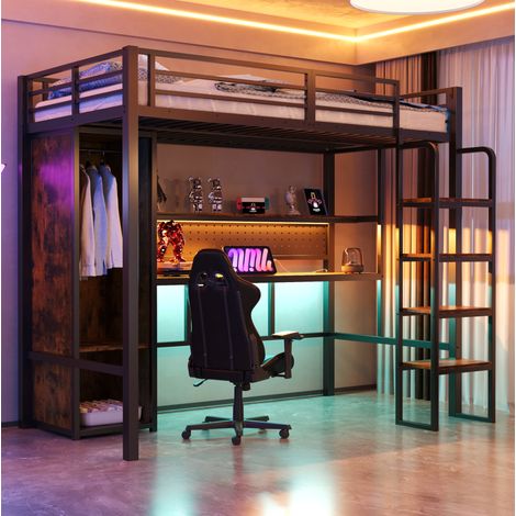 Cama alta dormitorio con armario y escritorio negra OKMYHOME (1/5)