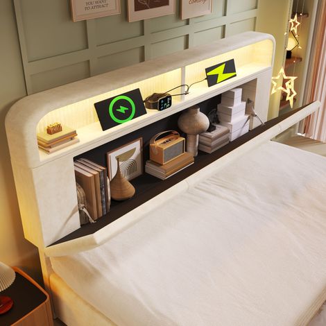 Lit double 140x190 cm avec tête de lit relevable et rangement, sommier hydraulique à LED et port USB/Type-C, velours beige, sans matelas, incluant lattes (1/5)