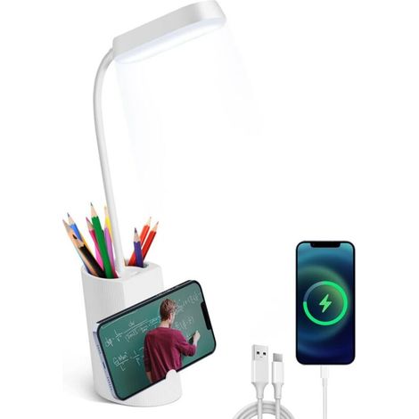 Lampe de Bureau LED, Lampe de Bureau Enfant Tactile Dimmable 3 Niveaux de LuminositéRe Chargeable Desk Lamp Sans Fil, Porte-Stylo et Support - Blanc-Fei Yu (1/5)
