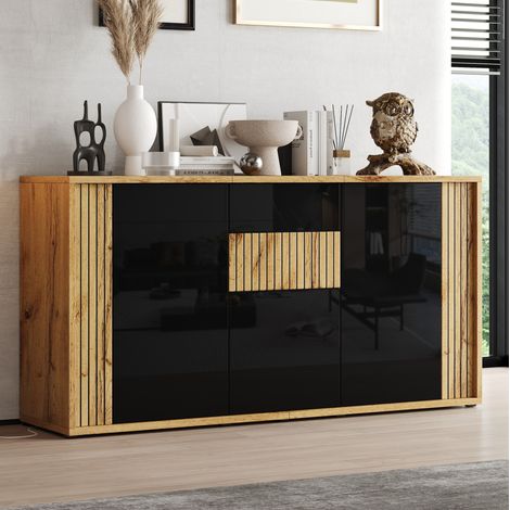 Aparador de 3 puertas 140 x 35 x 71 cm en MDF y aglomerado negro y madera OKWISH (1/5)