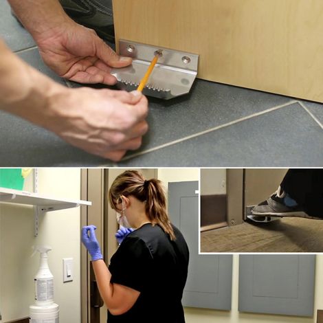 Ouvre-porte à commande manuelle ou au pied, en métal épais. Installation en quelques minutes pour portes sans verrou de salle de bain, hôtel ou bureau. (1/2)