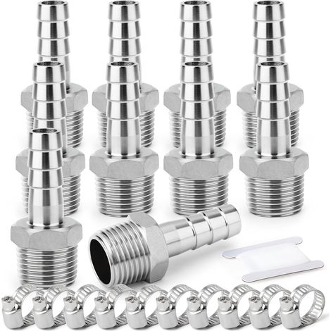 10 pièces raccords embout cannelé acier inox 304, embout 14 mm vers filetage mâle BSP 3/8", raccord compression eau, carburant, air (1/5)