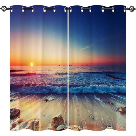 Rideau Occultant Lever du Soleil Océan Plage Tenture Opaque à Oeillets Draperies Intérieurs Rideau Thermique Isolant pour Maison Chambre Salon Fenetre 2 Pièces L 107 x H 160 cm - 107L X 160H cm (2 Pan (1/5)