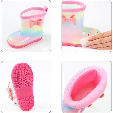1 paire de bottes de pluie pour enfants, toutes saisons, universelles, avec nœud arc-en-ciel, antidérapantes, imperméables et respirantes, roses, 150 mm (longueur intérieure 145 mm) (1/5)