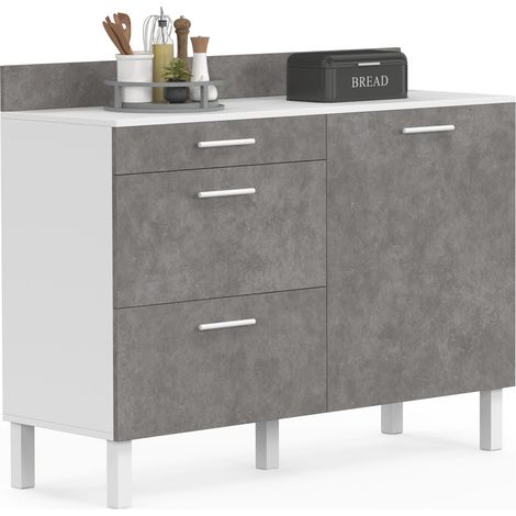Idmarket – Buffet bas casserolier de cuisine 120 cm – Plan de travail H. 83 cm – 1 porte + 3 tiroirs – Blanc effet béton – Panneaux de particules et pieds métal (1/5)