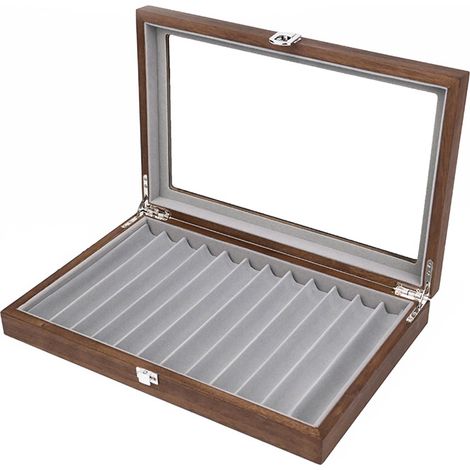 Boîte de rangement rétro pour stylos, couvercle en verre, 12 compartiments. (1/2)