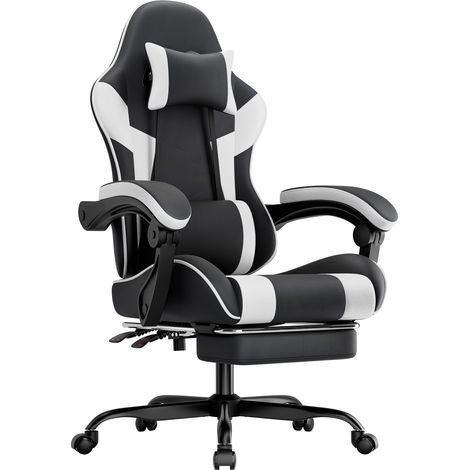 Fauteuil de bureau gaming ergonomique avec dossier et accoudoirs réglables, cuir PU noir et blanc, capacité 136 kg (1/5)