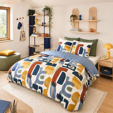 Parure de lit 220x240 cm - COTE DECO - Imprimé géométrique - Microfibre - Réversible - 2 Taies d'oreiller (1/5)