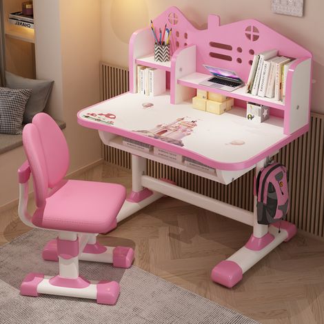 WILITTO Bureau d'étude pour enfants chaises ensemble, hauteur réglable, chaise ergonomique pour corriger la posture, grand espace de rangement, 105 × 72,5 × 48,5 cm, rose