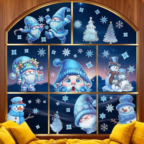 Stickers Noel Fenetre, Decoration Noel Interieur Maison Autocollant Fenêtre Electrostatique Réutilisable pour Magasin Vitre Vitrine Porte, Bleu Grand Autocollants Pere Noël Flocon de Neige Sticker (1/5)