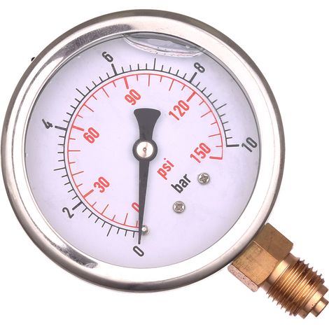 Manometer mit Glyzerin-Uhrwerk, 63 mm, 0–10 bar, 1/4"-Gewinde unten