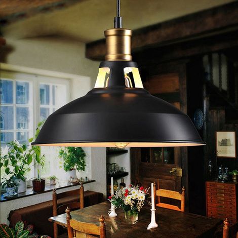 Vintage Metal Chandelier, Hanging Light with Dome Lampshade, Retro Industrial Pendant Light Ø27cm Black & White, 1PCS