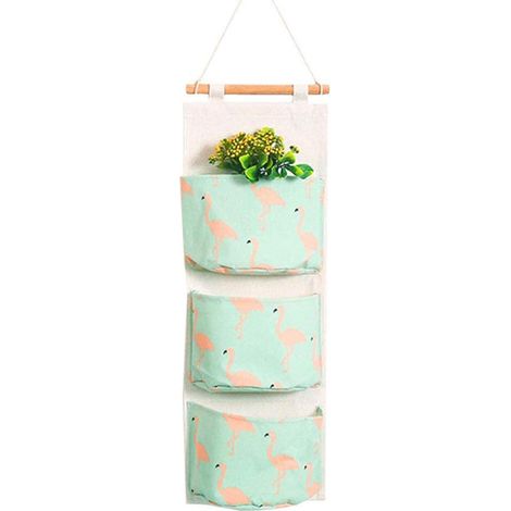 Sac de rangement mural, suspension en lin, 3 poches, intérieur enduit de PE imperméable pour portes, murs, armoires (vert)