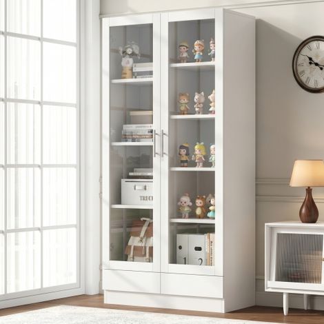 Mobile con anta in vetro, schedario, vetrina per statuette, mobile da ufficio, armadio alto e mobile contenitore con 2 cassetti, bianco, dimensioni 80×40×160 cm (1/5)