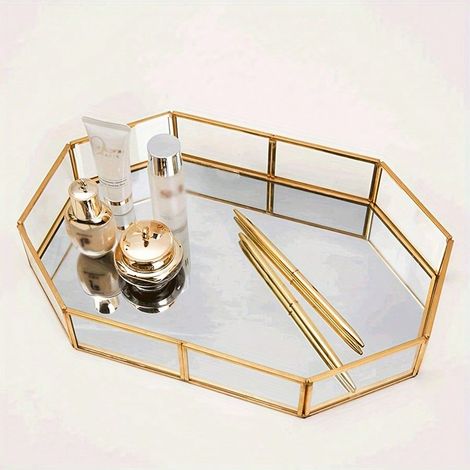 pièce Plat à bijoux de luxe en verre et laiton, de forme polygonale, pour cosmétiques et bijoux, idéal comme organiseur de bureau (1/5)